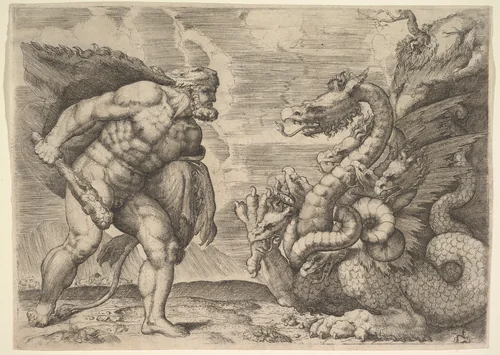Hercules and the Hydra of Lerna by Marco Angolo del Moro, print, 1540-1560