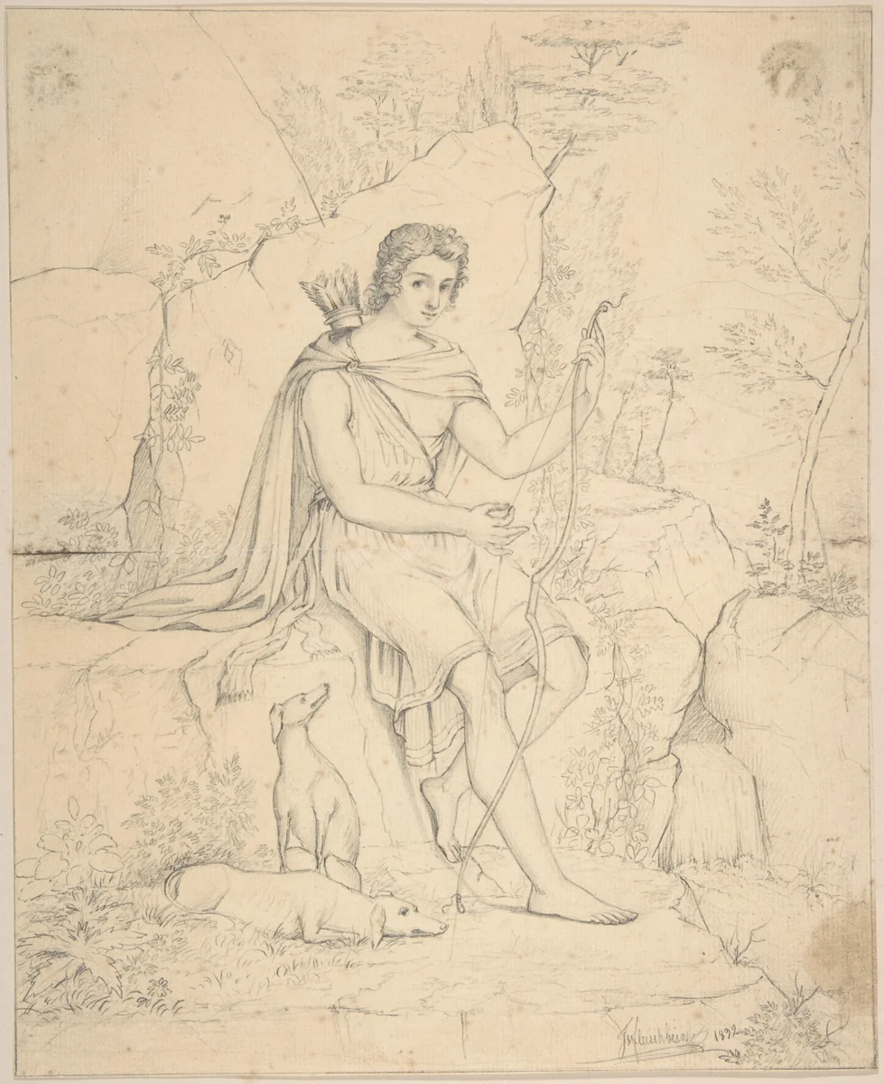 Young Man with Bow and Arrow by François Jacques Fleischbein, drawing, 1832