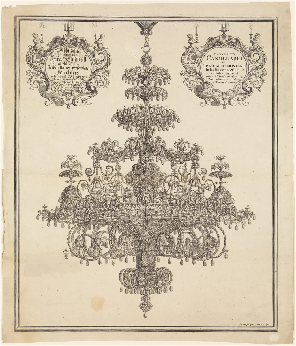 Rock Crystal Chandelier from the so-called 'White Peller's House' [weiße Pellershaus] in Nuremberg by Johann Georg Puschner, print, 1700-1720