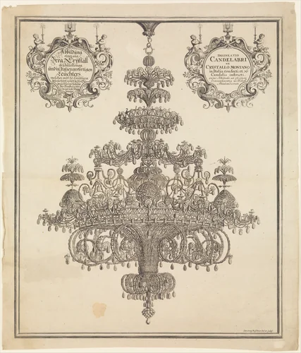 Rock Crystal Chandelier from the so-called 'White Peller's House' [weiße Pellershaus] in Nuremberg by Johann Georg Puschner, print, 1700-1720