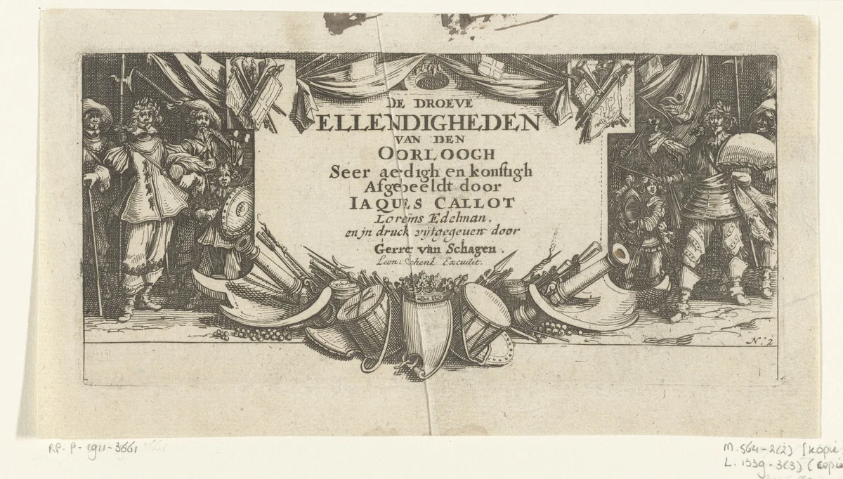 Titelprent voor de prentserie 'De gruwelen van de oorlog (groot)' / 'De droeve ellendigheden van de Oorloogh' by anonymous, print, 1677-1690