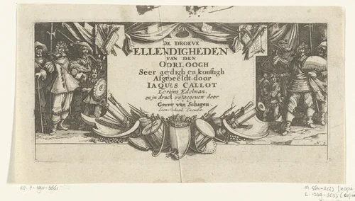 Titelprent voor de prentserie 'De gruwelen van de oorlog (groot)' / 'De droeve ellendigheden van de Oorloogh' by anonymous, print, 1677-1690