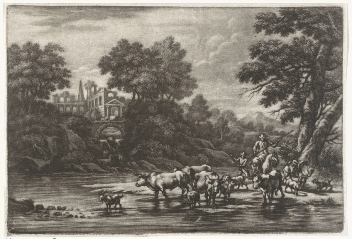 Rivierlandschap met herders by Pieter Louw, print, 1743-1800