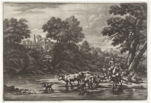 Rivierlandschap met herders by Pieter Louw, print, 1743-1800