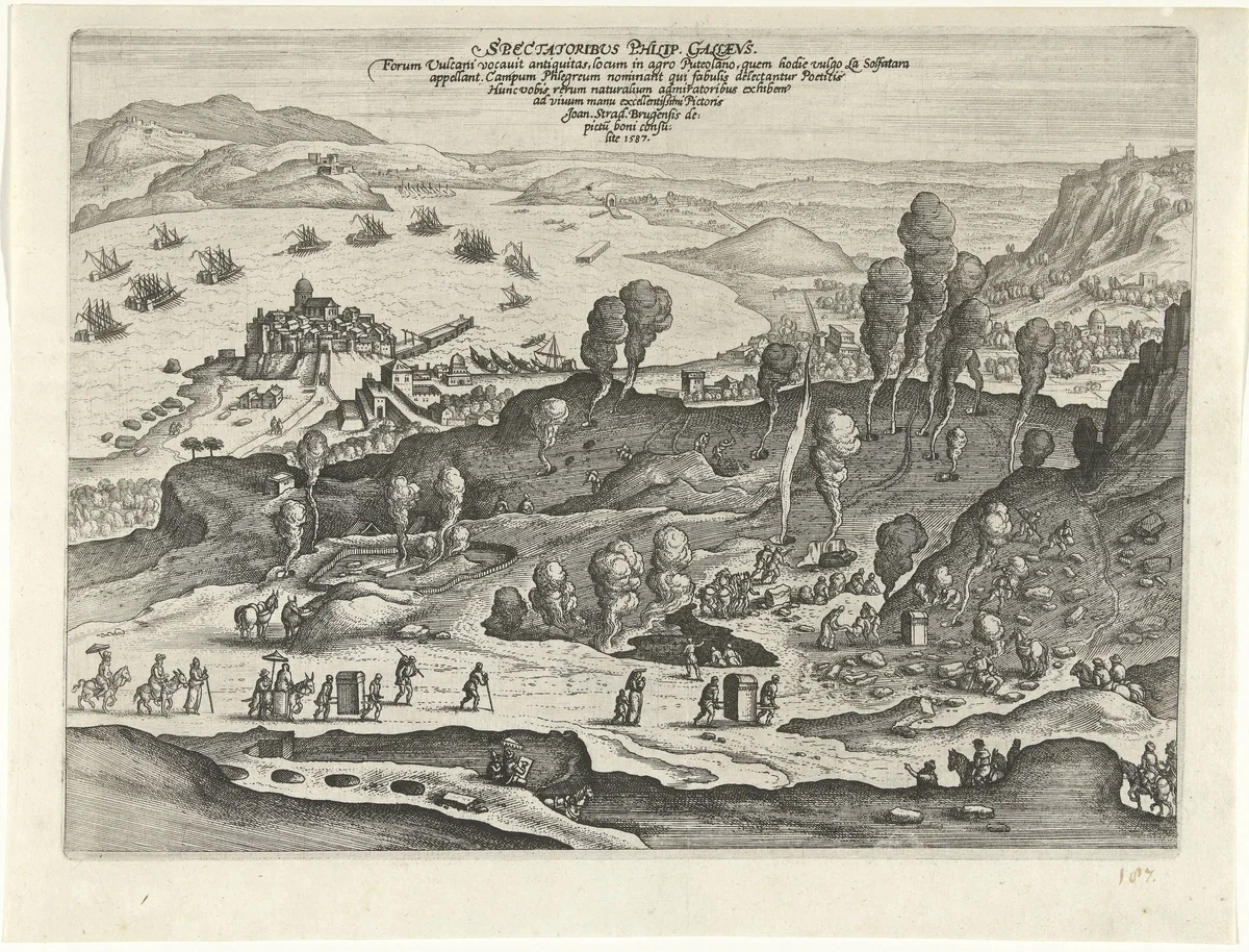 Gezicht op de zwavelbronnen van Pozzuoli by Pieter van der Borcht, print, 1587