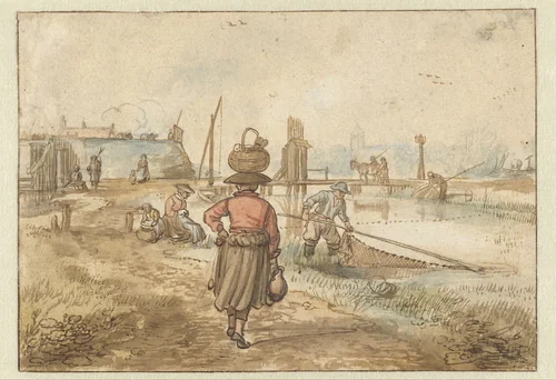 River Landscape with a Woman Carrying a Basket on her Head, Fishermen and Other Figures near the Walls of a Town by Hendrick Avercamp, drawing, 1620