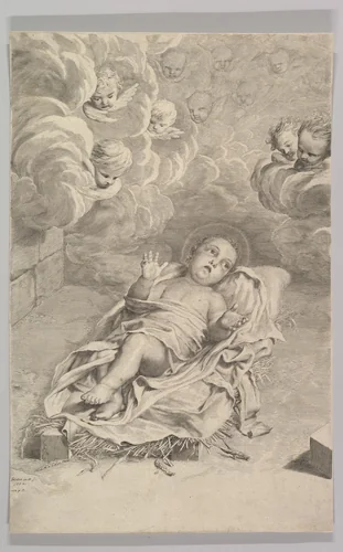 The Christ Child on a Bed of Straw by Claude Mellan, print, 1662