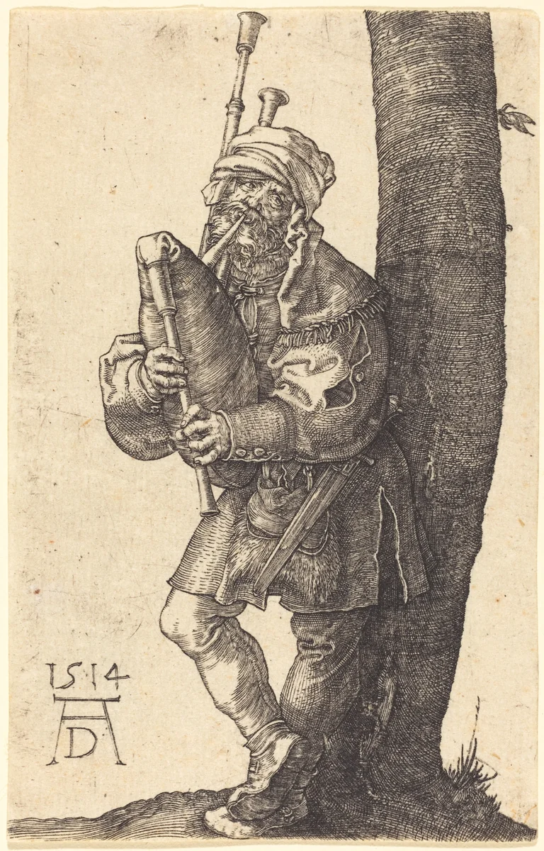 Bagpiper by Albrecht Dürer, print, 1514