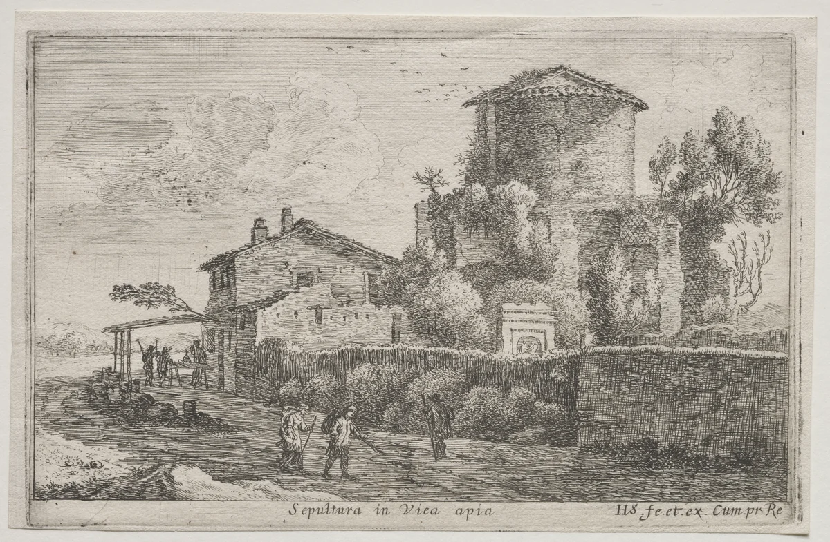 Diverse Views in and around Rome: Tomb along the Appian Way by Herman van Swanevelt, print, 1653