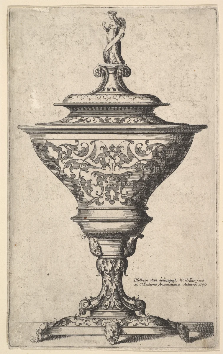 Ornate goblet on feet of masks by Wenceslaus Hollar, print, 1645