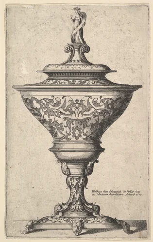 Ornate goblet on feet of masks by Wenceslaus Hollar, print, 1645