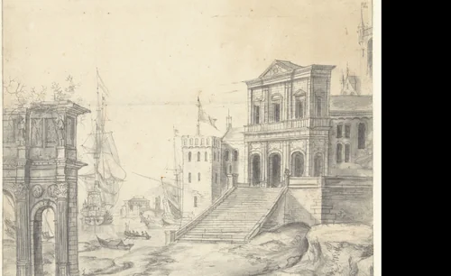 Fantasiegezicht op een zuidelijke havenstad by Jan Abrahamsz. Beerstraten, drawing, 1600-1699
