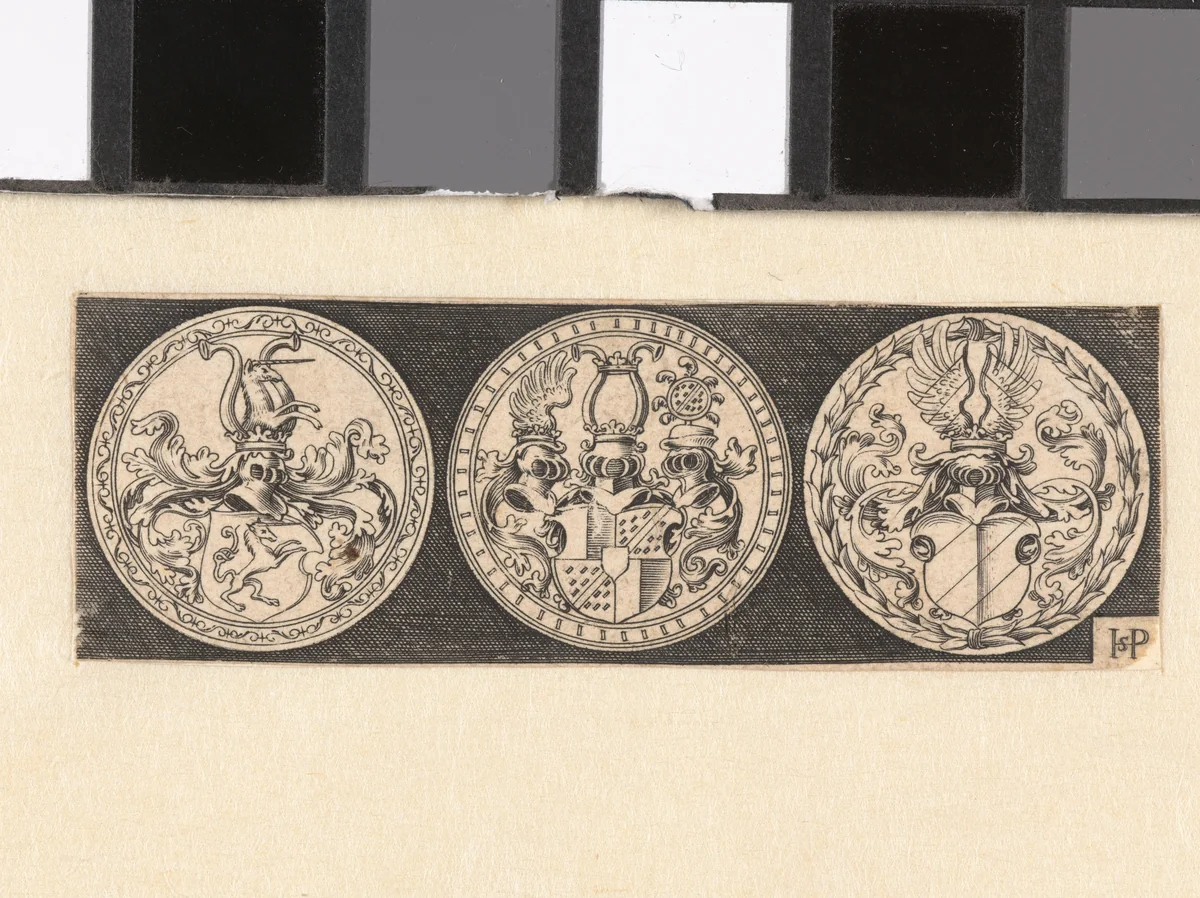 Drie ontwerpen voor penningen met wapens op schilden by anonymous, print, 1510-1599