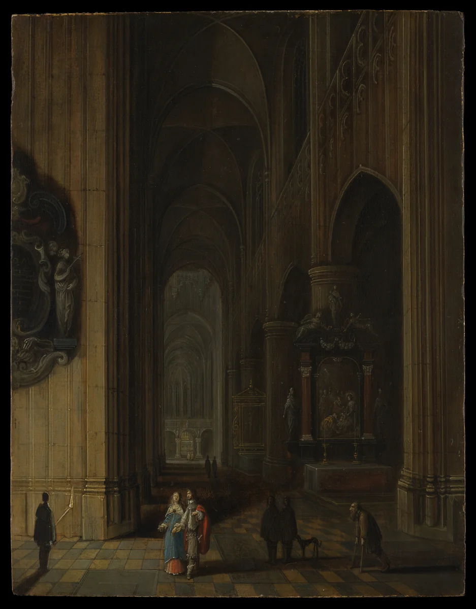 Interior of a Gothic Church at Night by Pieter Neeffs the Younger, painting, 1655-1665