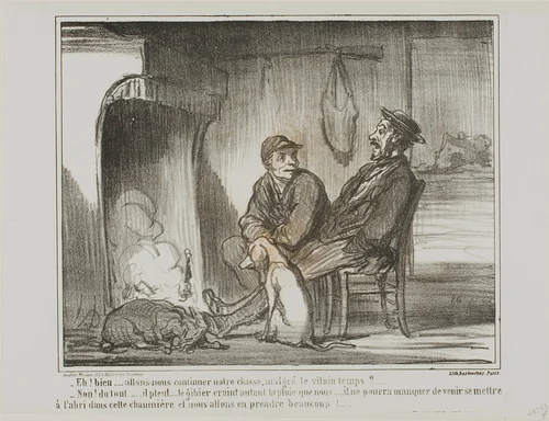“- Now what? Are we going to continue hunting during the rain? - Not at all! The animals are just as afraid of the rain as we are. They might not be able to find this shelter, and we would end up losing too many of them!,” plate 5 from Croquis De Chasse by Honoré-Victorin Daumier, print, 1859