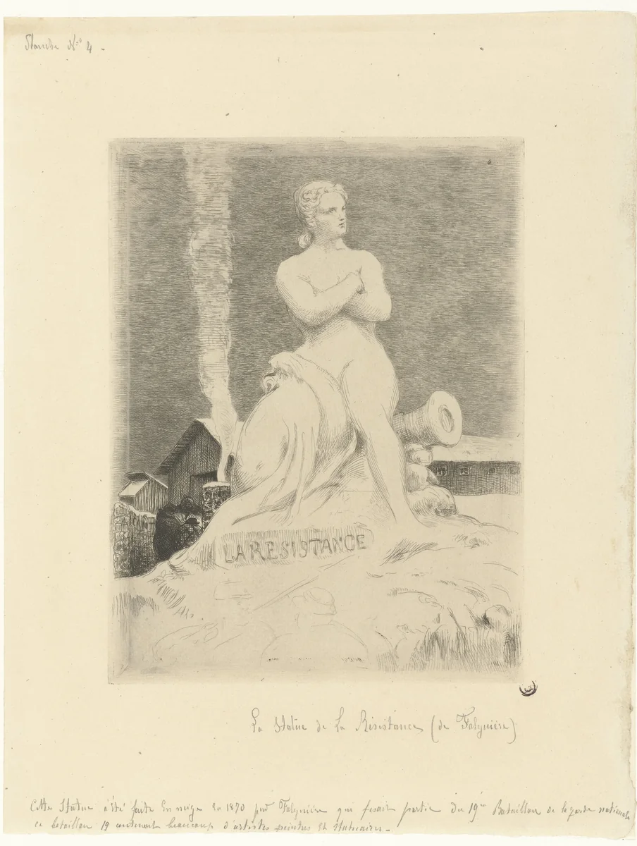 Standbeeld La Résistance (Verzet) van Alexandre Falguière en soldaten tijdens beleg van Parijs by Félix Bracquemond, print, 1870