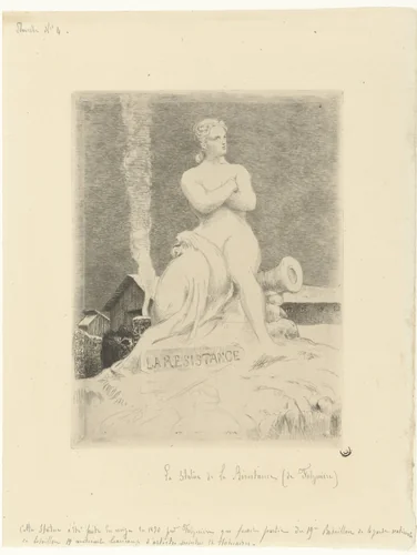 Standbeeld La Résistance (Verzet) van Alexandre Falguière en soldaten tijdens beleg van Parijs by Félix Bracquemond, print, 1870