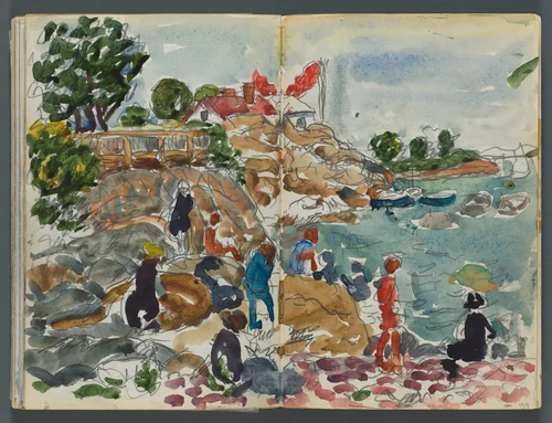 Sketchbook, The Dells, N° 127, page 158 & 159: Coastal Landscape with Figures by Maurice Prendergast, book, 1919-1921