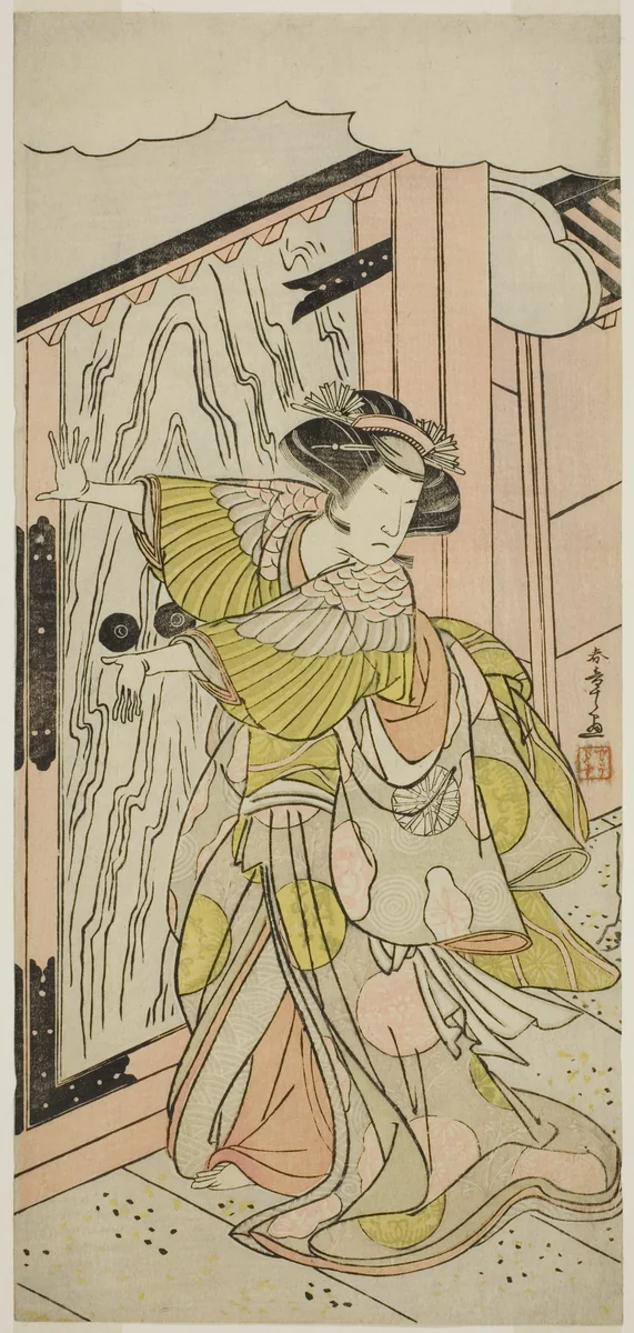 The Actor Nakamura Tomijuro I as Lady Hangaku (Hangaku Gozen) in the Play Wada-gassen Onna Maizuru, Performed at the Nakamura Theater in the Seventh Month, 1777 by Katsukawa Shunsho (勝川 春章), print, 1772-1782