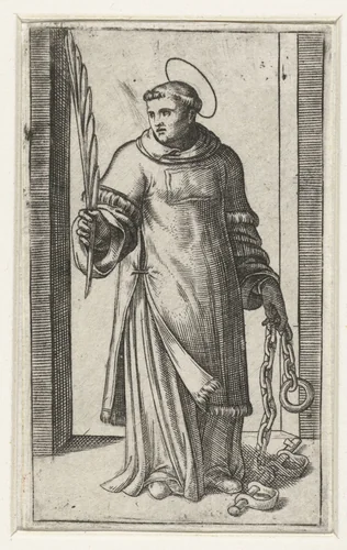 Heilige Leonardus als diaken met boeien by Marcantonio Raimondi, print, 1500-1527
