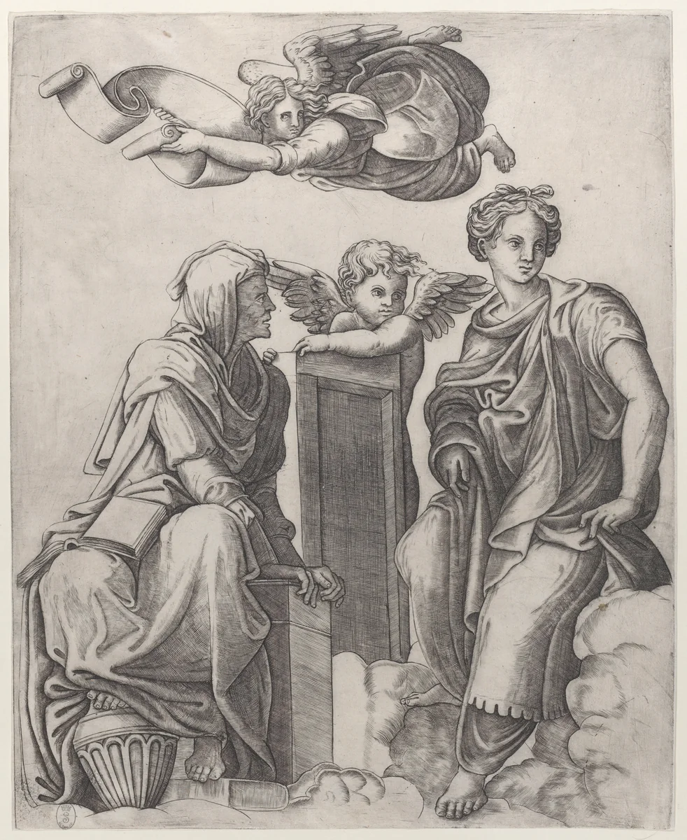 Two female figures seated in the clouds flanking an angel and another flying above carrying a banderole by Giovanni Antonio da Brescia, print, 1505-1525