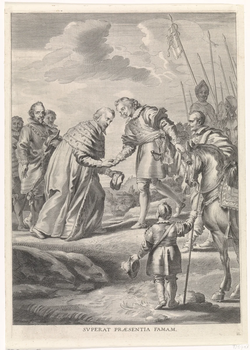 Ferdinand begroet door de aartsbisschop van Keulen by Pieter de Jode, print, 1636