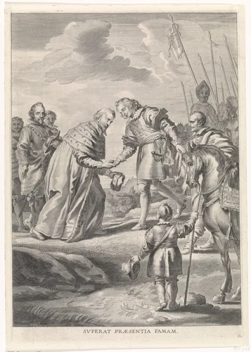 Ferdinand begroet door de aartsbisschop van Keulen by Pieter de Jode, print, 1636