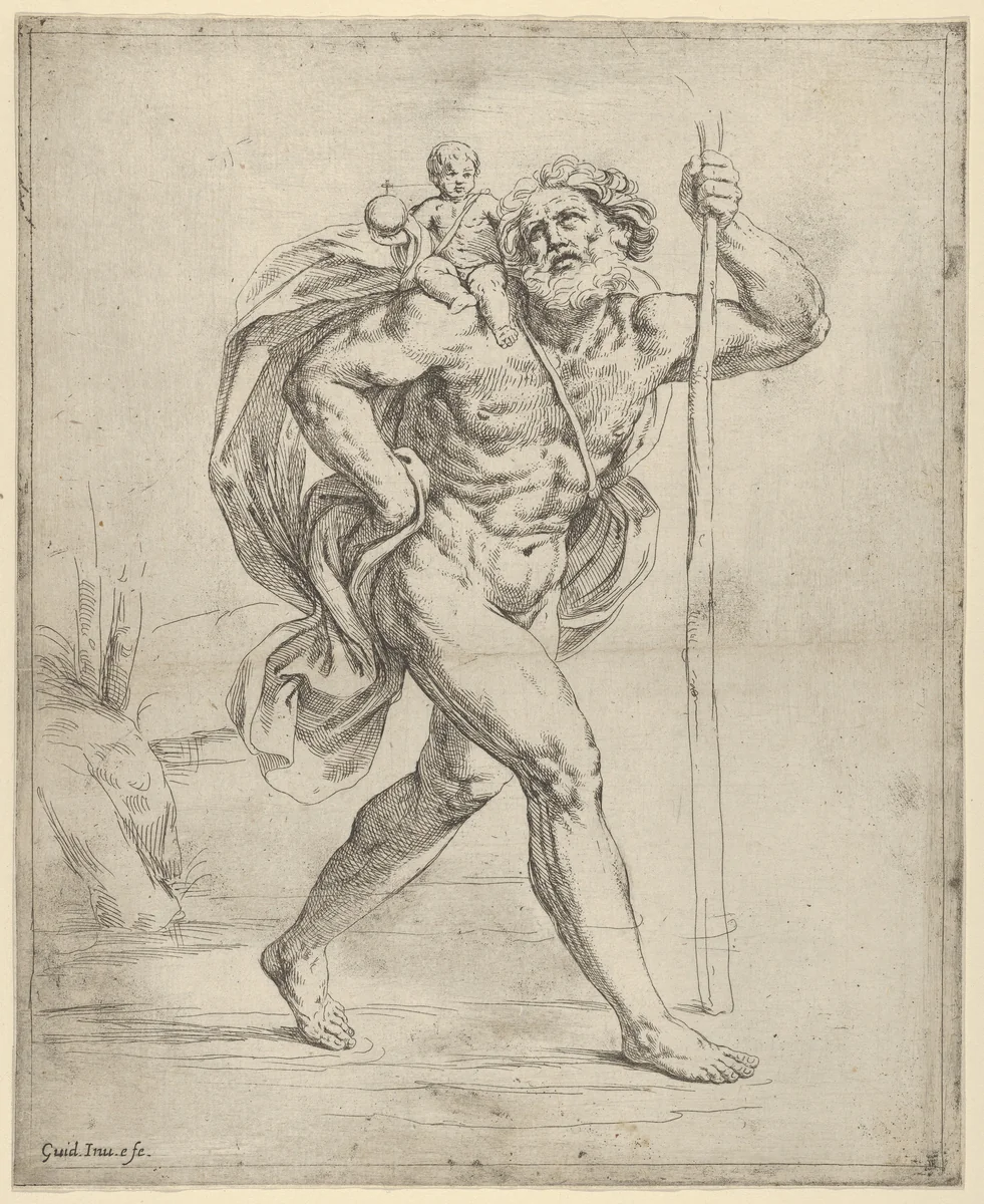 Saint Christopher walking with the infant Christ on his right shoulder by Guido Reni, print, 1595-1645