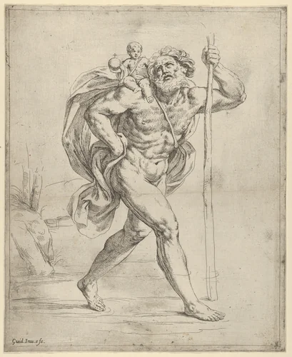 Saint Christopher walking with the infant Christ on his right shoulder by Guido Reni, print, 1595-1645