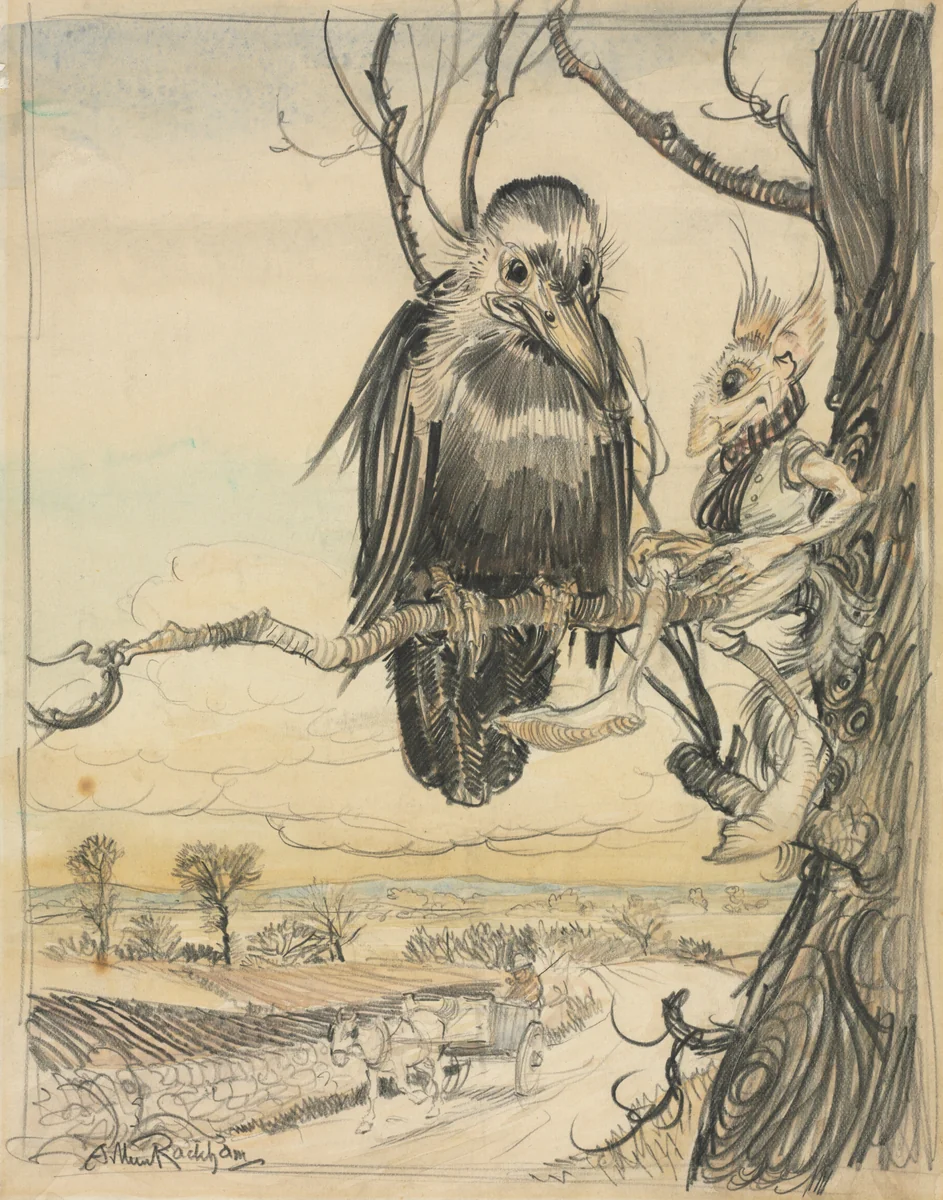A Squirrel and a Crow by Arthur Rackham, drawing, 1913