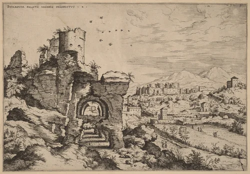 Ruins on the Palatine, Looking toward the Baths of Caracalla by Hieronymus Cock, print, 1550