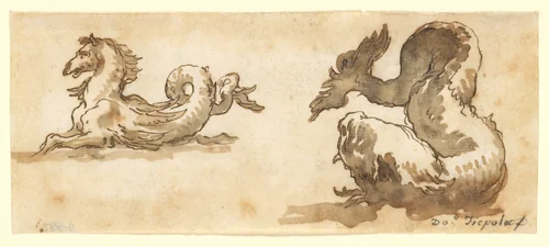 A Sea Horse and a Dolphin by Giovanni Domenico Tiepolo, drawing, 1736-1804