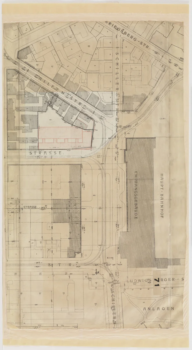 Bank and Office Building, project, Stuttgart, Germany, Site plan by Ludwig Mies van der Rohe, architecture, 1928