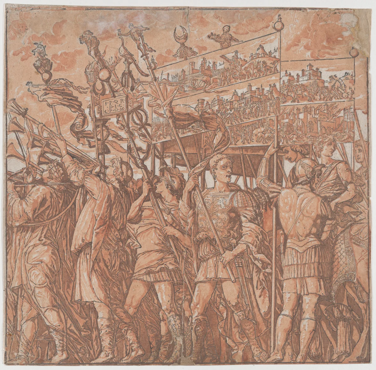 Sheet 1: Roman soldiers carrying banners depicting the triumphant victories of Julius Caesar, from "The Triumph of Julius Caesar" by Andrea Andreani, print, 1599