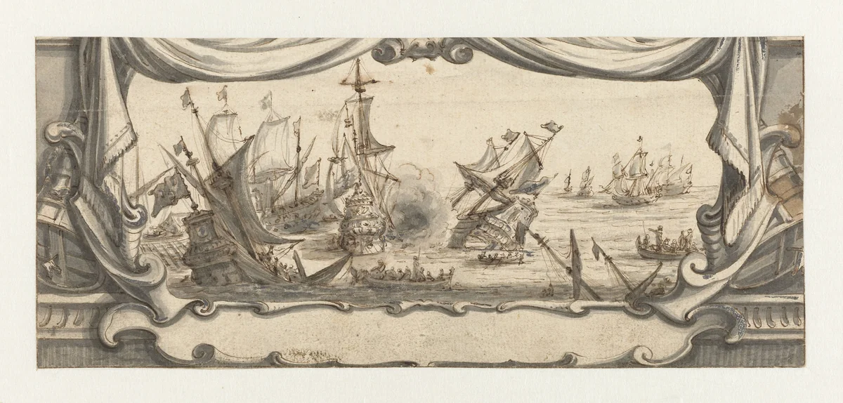 Zeegevecht in een cartouche by Ludolf Bakhuysen, drawing, 1661-1666