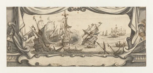 Zeegevecht in een cartouche by Ludolf Bakhuysen, drawing, 1661-1666