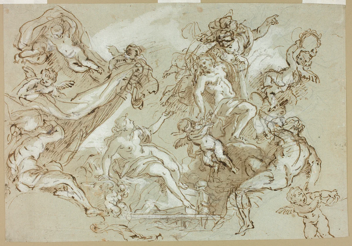 Apotheosis of Hercules (recto); Sketches of Horse's Head, Horse's Forequarters, and Altarpiece or Ciborium (verso) by Anton Domenico Gabbiani, drawing, 1654-1726