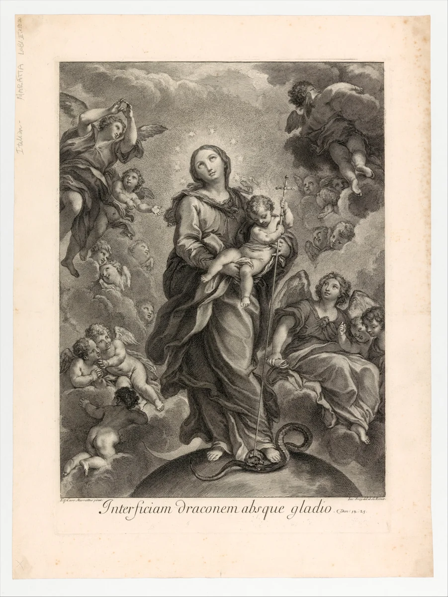 Destroy the dragon without sword; (Dan. 14.25); Virgin and Child on hemisphere by Johann Jakob Frey, print, 1681-1752