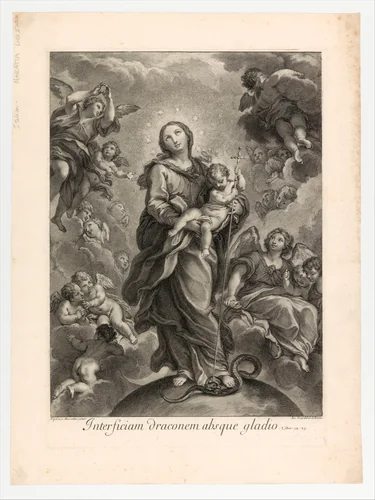 Destroy the dragon without sword; (Dan. 14.25); Virgin and Child on hemisphere by Johann Jakob Frey, print, 1681-1752