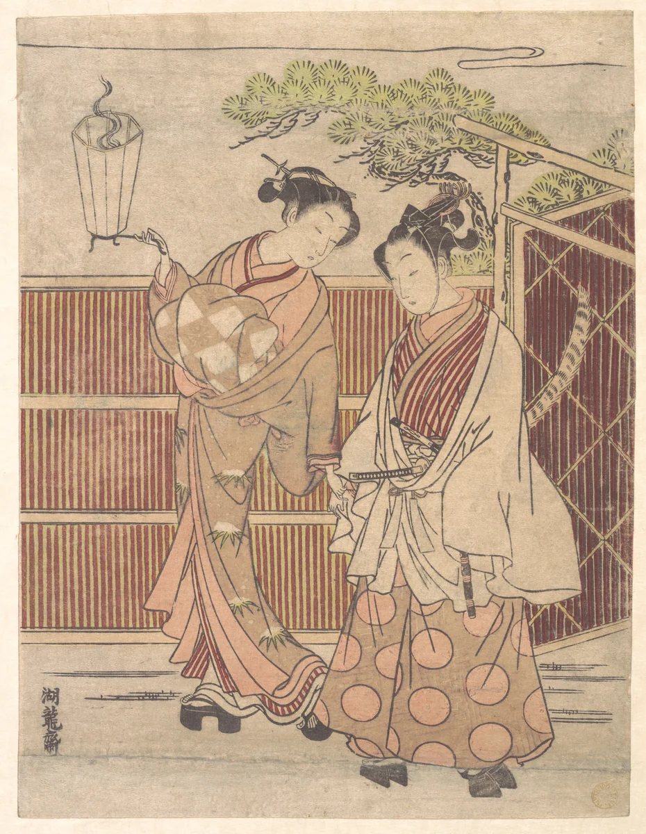Reizei Carrying a Teshoku (Hand Lantern) by Isoda Koryūsai, print, 1759-1779