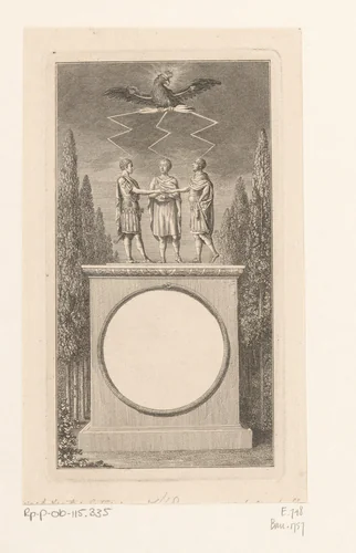 Drie ondertekenaars van de conventie van Kloster Zeven, afgebeeld als Romeinse krijgsheren met boven hen de Pruisische adelaar by Daniel Nikolaus Chodowiecki, print, 1794
