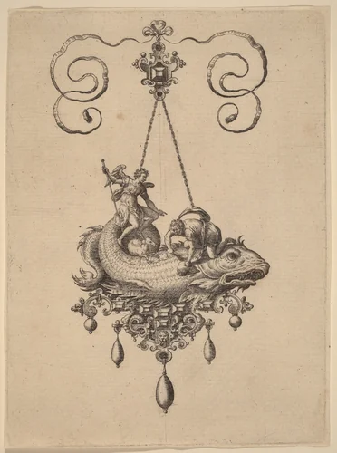 Design for a Pendant with a Fish Carrying Tobias and the Angel by Adriaen Collaert, print, 1582