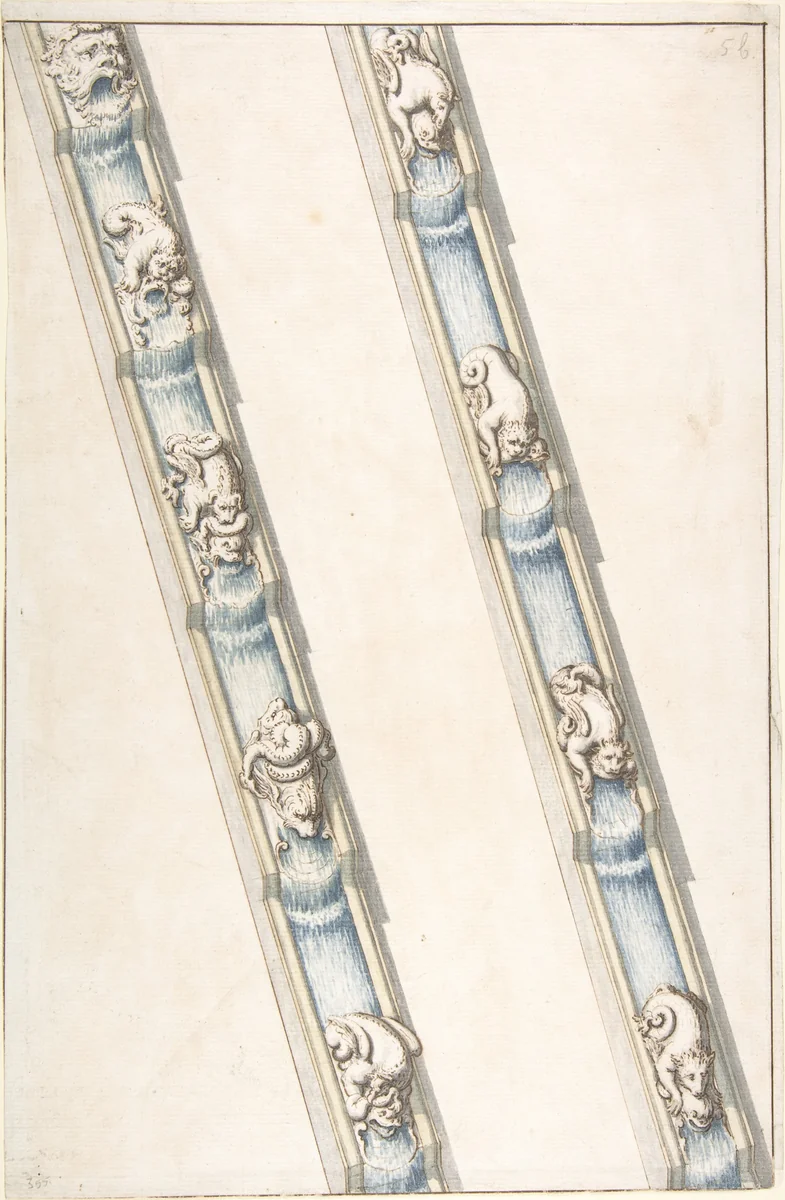 Design for Water Channels with Fantastic Animals Covering Small Sections by anonymous, drawing, 1600-1700