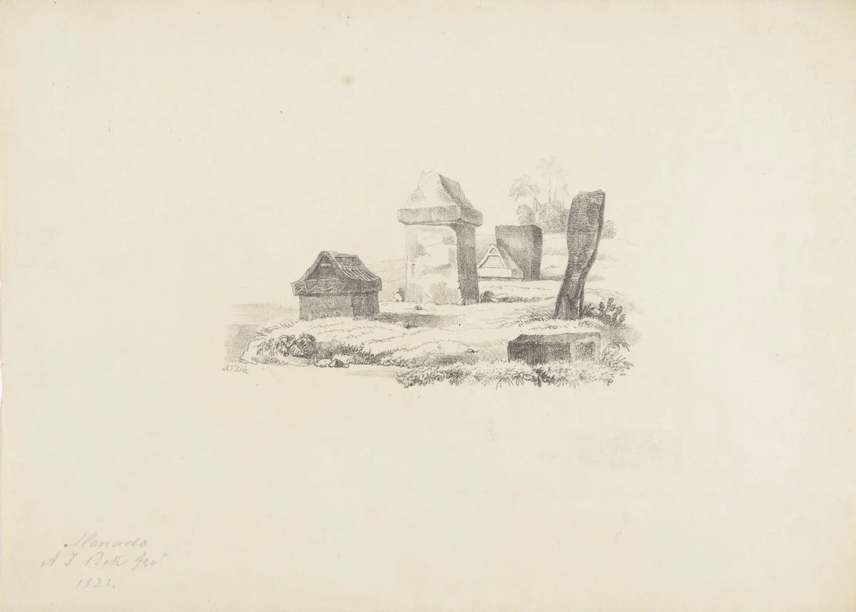 Grafstenen in Menado by Adrianus Johannes Bik, print, 1821