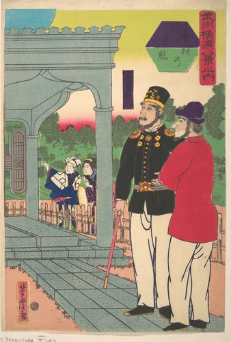 Evening Glow at Motomura [Two Englishmen looking at the sunset] by Utagawa Yoshitora (歌川芳虎), print, 1861