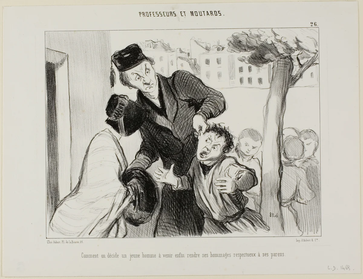 How to Convince a Young Man to Finally Learn to Pay his Respects to his Parents, plate 26 from Professeurs et Moutards (Professors and Rascals) by Honoré-Victorin Daumier, print, 1846