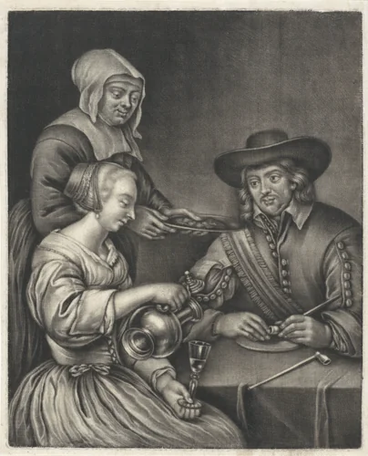 Man en een vrouw aan tafel by anonymous, print, 1665-1750