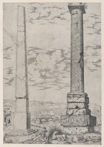Column of Antoninus and a Roman Obelisk, from "Speculum Romanae Magnificentiae" by anonymous, print, 1538-1575