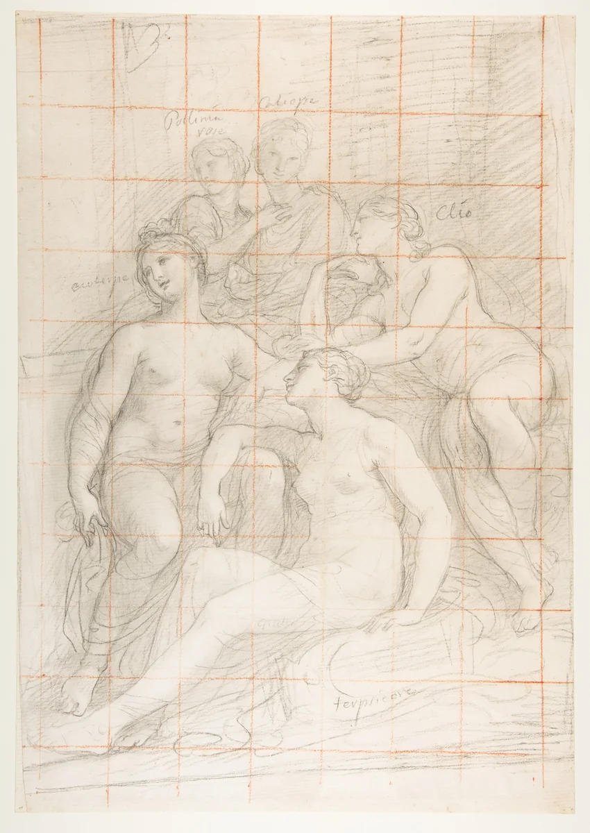 The Muses Euterpe, Polyhymnia, Calliope, Clio, and Terpsichore (recto); Sketch of a Sleeping Child (verso) by Andrea Appiani, drawing, 1811