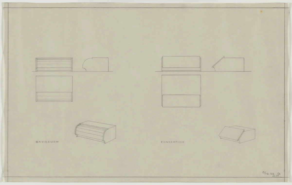 Design for Telefunken Record Player, Two record-player cabinets: Bayreuth and Concertino. Elevations, plans, and perspectives by Lilly Reich, mies van der rohe archive, 1938